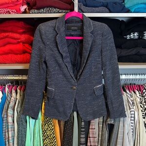 Zara navy/gray marked patch elbow 2 faux pocket one button blazer size S